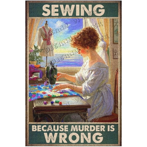 1000 pcs Wooden Jigsaw Puzzle Sewing Because Murder is Wrong Funny Sewing Puzzle for Adults, Gift for Seamstresses & Craft Lovers