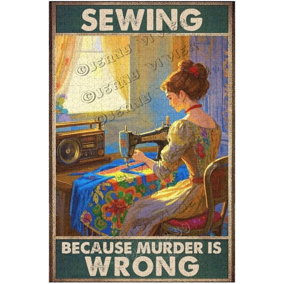 1000 pcs Wooden Puzzle Sewing Because Murder is Wrong Quote Fun Sewing-Themed Puzzle for Adults, Great for Mindful Craft Time