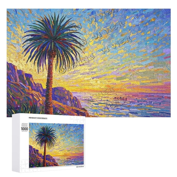 1000 pcs Wooden Puzzle for Adults Golden Palm Leaf Abstract Art Aesthetic Tropical Jigsaw Puzzle for Relaxation and Nature Lovers