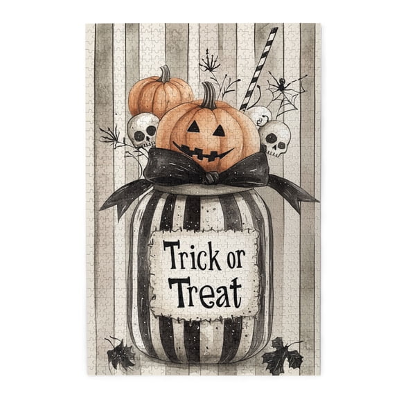 1000 pcs trick or treat Slogan Candy bottle jigsaw puzzles 1000 pieces,Unique and Beautiful Design,Enchanting Holiday Gifts,Fun Candy jar Wooden Puzzle,Gift for Puzzle Lovers,Stress relieving puzzle