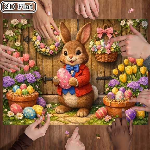 1000-piece fun jigsaw puzzle - A rabbit in red clothes holding a colorful egg. Suitable for adults aged 12 and above. 15 x 20.5 inches.
