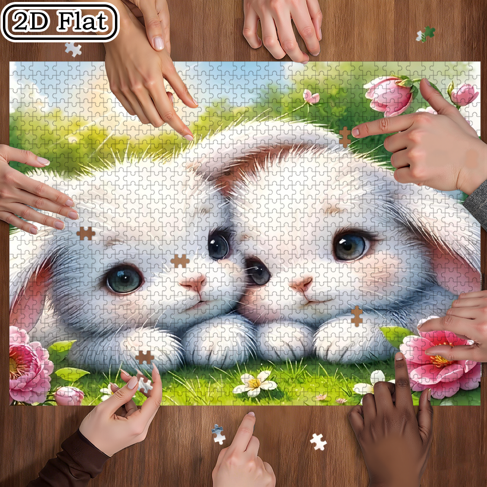 1000-piece fun jigsaw puzzle - Two cuddling little white rabbits with ...