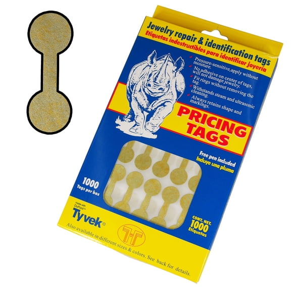1000 pieces Jewelry Repair, Price and Indentification Tags/Tyvek Self Adhesive Rectangle/Dumbbell/Barbell Jewelry Price Tags Short - 35 x 12mm, Gold