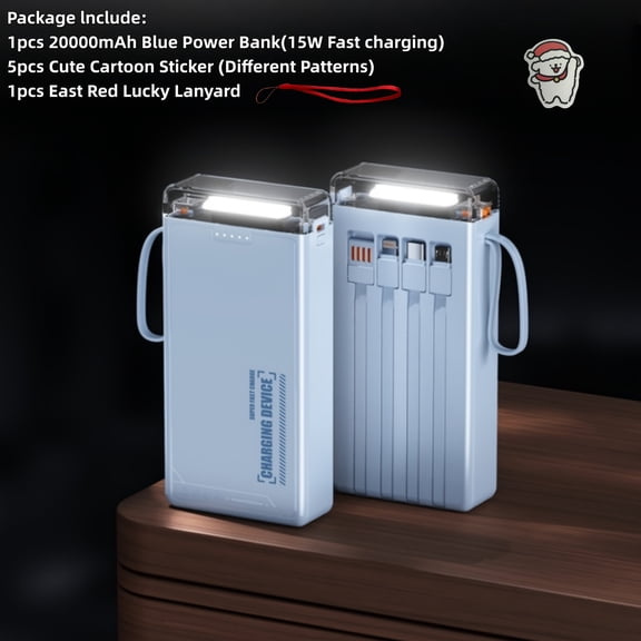 10000/20000mAh Power Bank with Flashlight & Camping Light, 15W Fast Charging, Built-in 4 Cables, USB-C Input, Portable Phone Charger for Outdoor Travel
