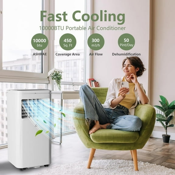 10000 BTU Portable Air Conditioner,3 In 1 AC Unit Cools 450 Sq Ft Rooms with Remote Control&LED Display,Ac Unit with 24 Hour Timer,Sleep Mode Dehumidifier&Fan Function for Living Room,Garage