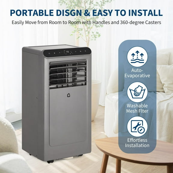 10000 BTU Portable Air Conditioners, 3-In-1 Portable AC Unit Up to 450 Sq.Ft, Quiet Air Conditioner With Fast Cooling/Energy Saving/Remote Control/24Hrs Timer for Bedroom, Office, Apartments, Grey