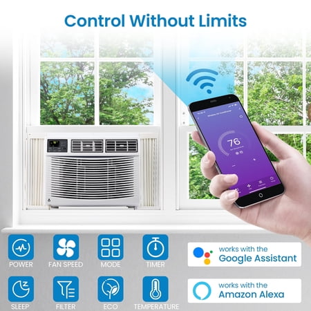 10000 BTU Window Air Conditioner – Smart High-Performance Cooling, Dehumidifier, 3 Modes, Quiet & Energy Efficient, 24H Timer, Remote & App Control, Washable Filter, 450 Sq.Ft, 115V – White