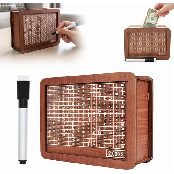 10000 Kakeibo Wooden Money Saving Challenge Box Cash Vault Piggy Bank for Adults Kids Savings Goals Smash Box Saver (10 Amounts)