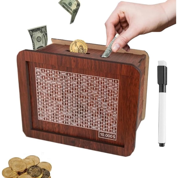10000 Savings Challenge Box,Cash Vault Wooden Savings Box,kakeibo Money Box,Wooden Piggy Bank Coin Bank with Counting Target,The Best Gift for Boys, Girls, and Friends (Brown)