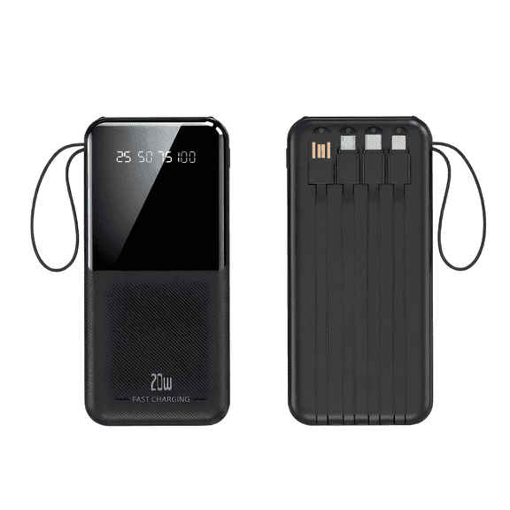 10000mAh 20W Fast Charging Portable Power Bank with Built-in Cables, Type-C/USB, Digital Display, Flashlight,Black