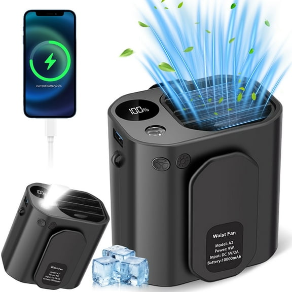 10000 mAh Portable Waist Clip Fan Multifunctional Waist Fan Camping Neck Fan USB Rechargeable Mini Fan Support 3-Level Wind Speeds With Led Light For Student Outdoor Workers Camping Hiking Fishing