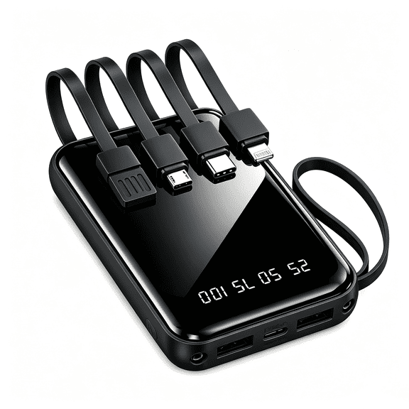 10000mAh Portable Power Bank,Built-in Cables with LED Display, Compatible for iPhone,Android Cell Phone,Black