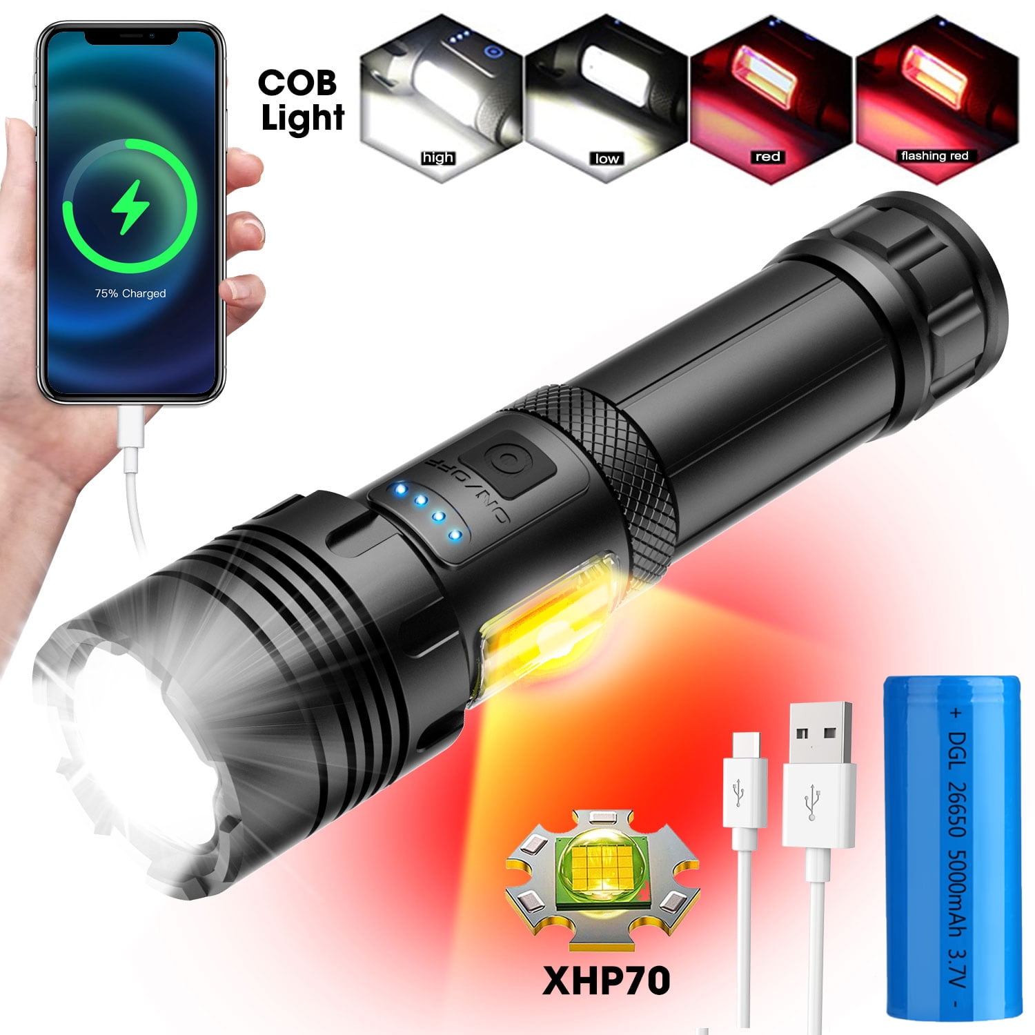 100000 Lumens Powerful Flashlight, Rechargeable Waterproof Searchlight  XHP70 Super Bright Handheld Led Flashlight Tactical Flashlight 26650 Battery  USB Zoom Torch for Emergency Hiking Hunting Camping 