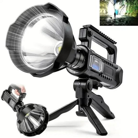 Rechargeable LED Flashlight, 100000 Lumens Super Bright, Waterproof Searchlight with Tripod, 4 Modes, USB Power Bank, for Camping, Hunting, Emergencies