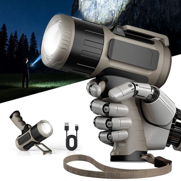 1000000 Lumens Adjustable Focus Spotlight, 16000mAh 20Hrs LED Super Bright Rechargeable Spotlight Flashlight, 3-Mode, Build-in Stand & Clip, IPX7 Waterproof Handheld Spot Light Outdoor, Grey