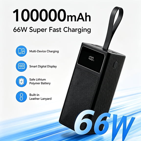 100000mAh 66W Two-Way Fast Charging Portable Power Bank, Large Capacity External Charger with Digital Display