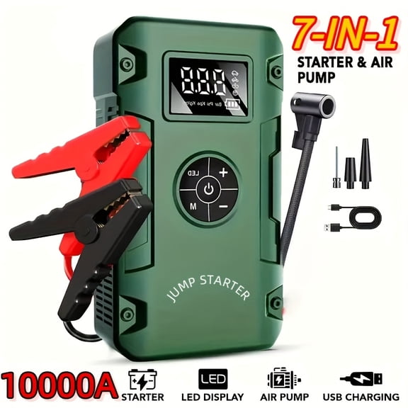 10000A 7-in-1 Car Jump Starter with 150PSI Air Pump, Portable Vehicle Battery Booster Charger, Fits Gas & Diesel Engines, LED Emergency Light, Multi-Function Auto Emergency Tool Kit