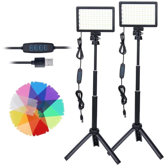10000K LED Video Light Kit 2-Pack Dimmable Photography Lighting with Adjustable Tripod Stand 9Color Filters USB Fill Light for Video Recording YouTube