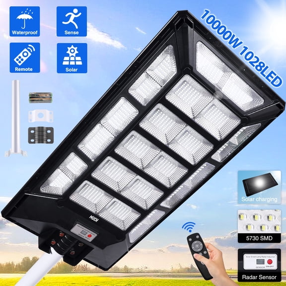 MUCH 10000W Solar Street Light Commercial, IP67 Waterproof Dusk to Dawn Motion Sensor Outdoor 320° Security Flood Light with Remote & Pole for Parking Lot Yard