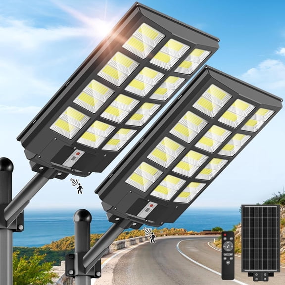 10000W Solar Street Lights Outdoor, IP66 Waterproof Solar Lights Outdoor with Motion Sensor & Remote, Dusk to Dawn Commercial Security Lighting for Parking Lot, Yard, Farm, Driveway (2 Pack)