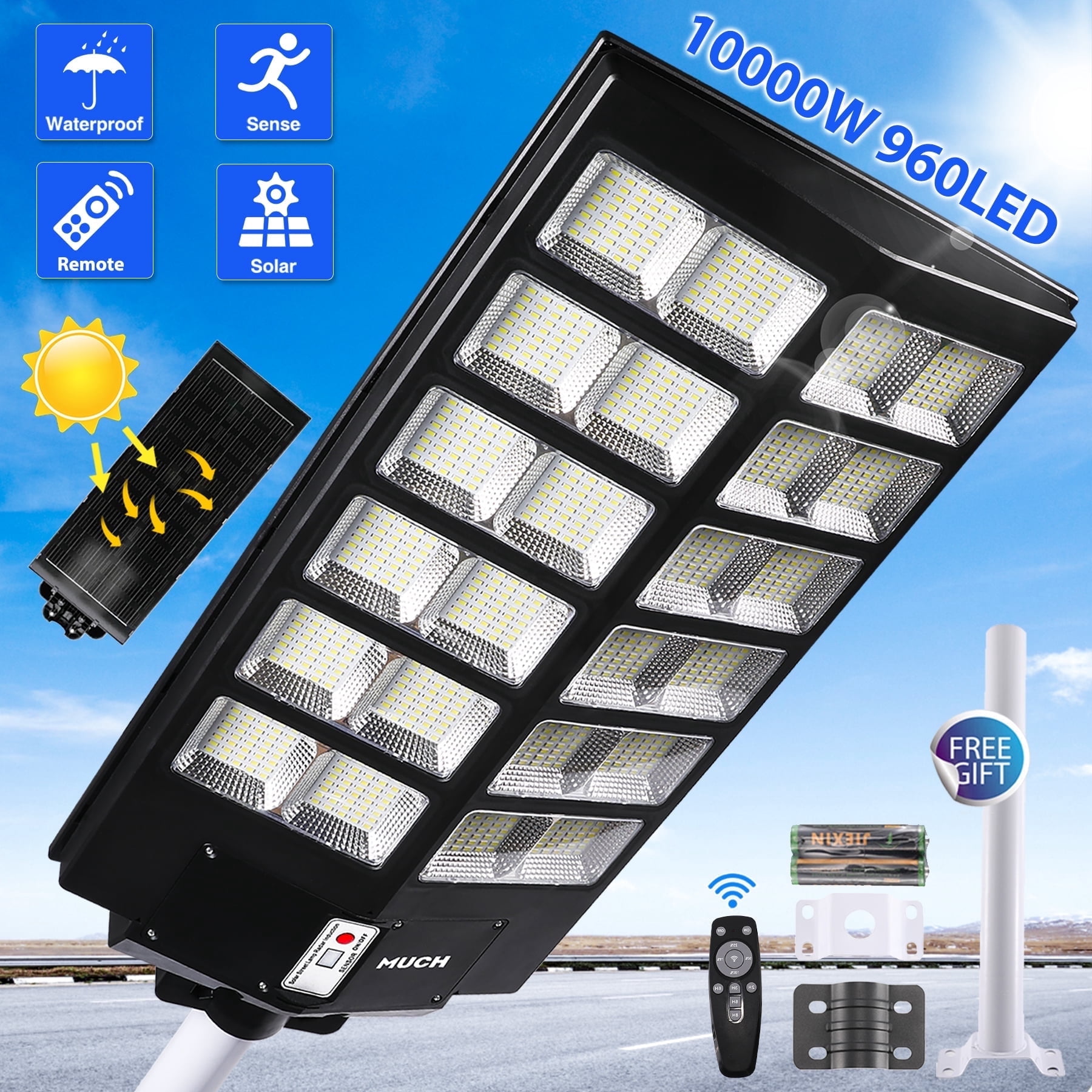 MUCH 10000W Super Bright Solar Street Light with Pole, 960 LED 220° Wide Angel Commercial Parking Lot Lights 35000mAh Outdoor Dusk to Dawn Solar Security Flood Light w/Motion Sensor Remote Control