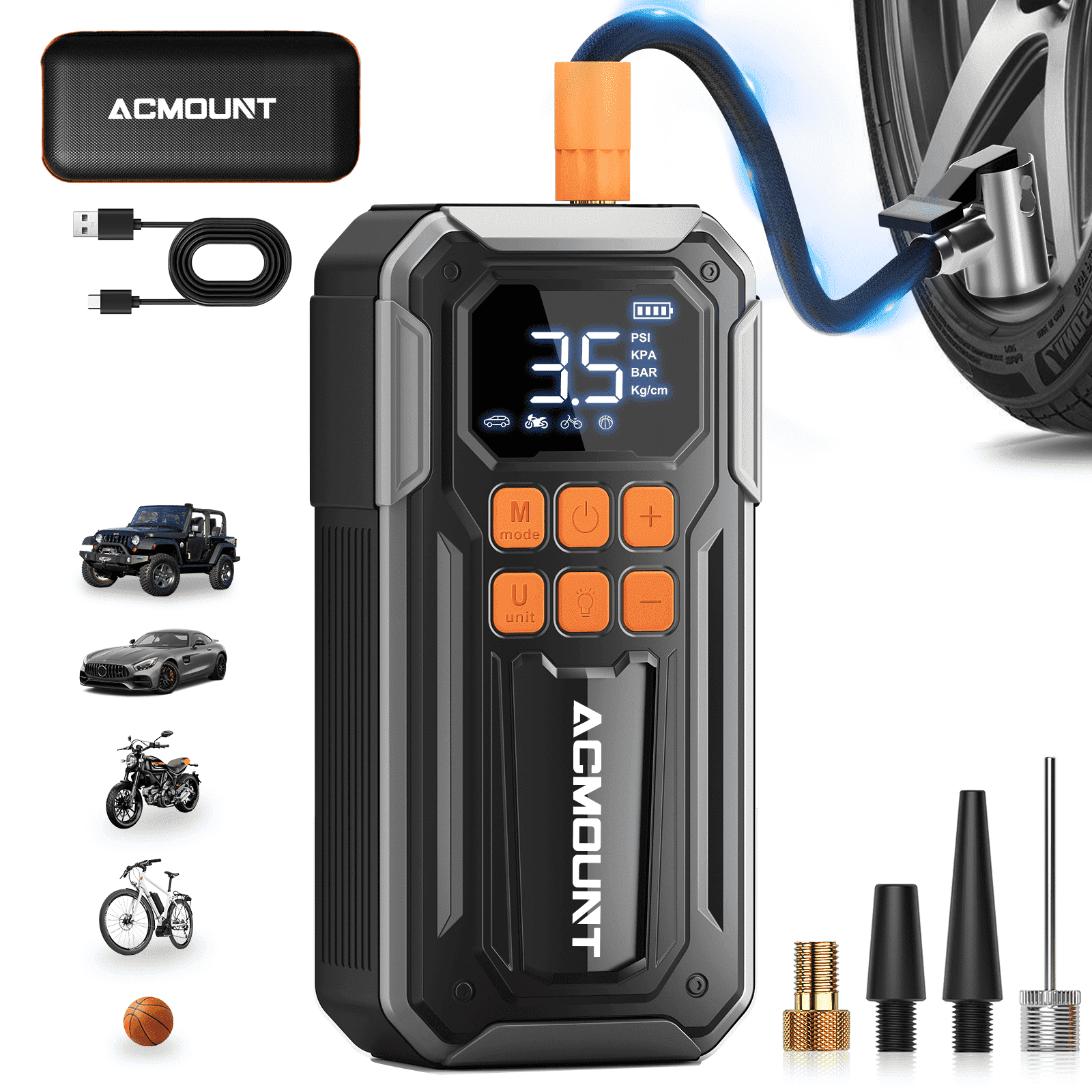 Tire Inflator, Acmount 160PSI Air Pump For Car Tires, 10000mAh Rechargeable Fast Inflation Tire Pump with LED Light and Auto Shut-Off Function for Car, Motorcycle, Bicycle, Balls