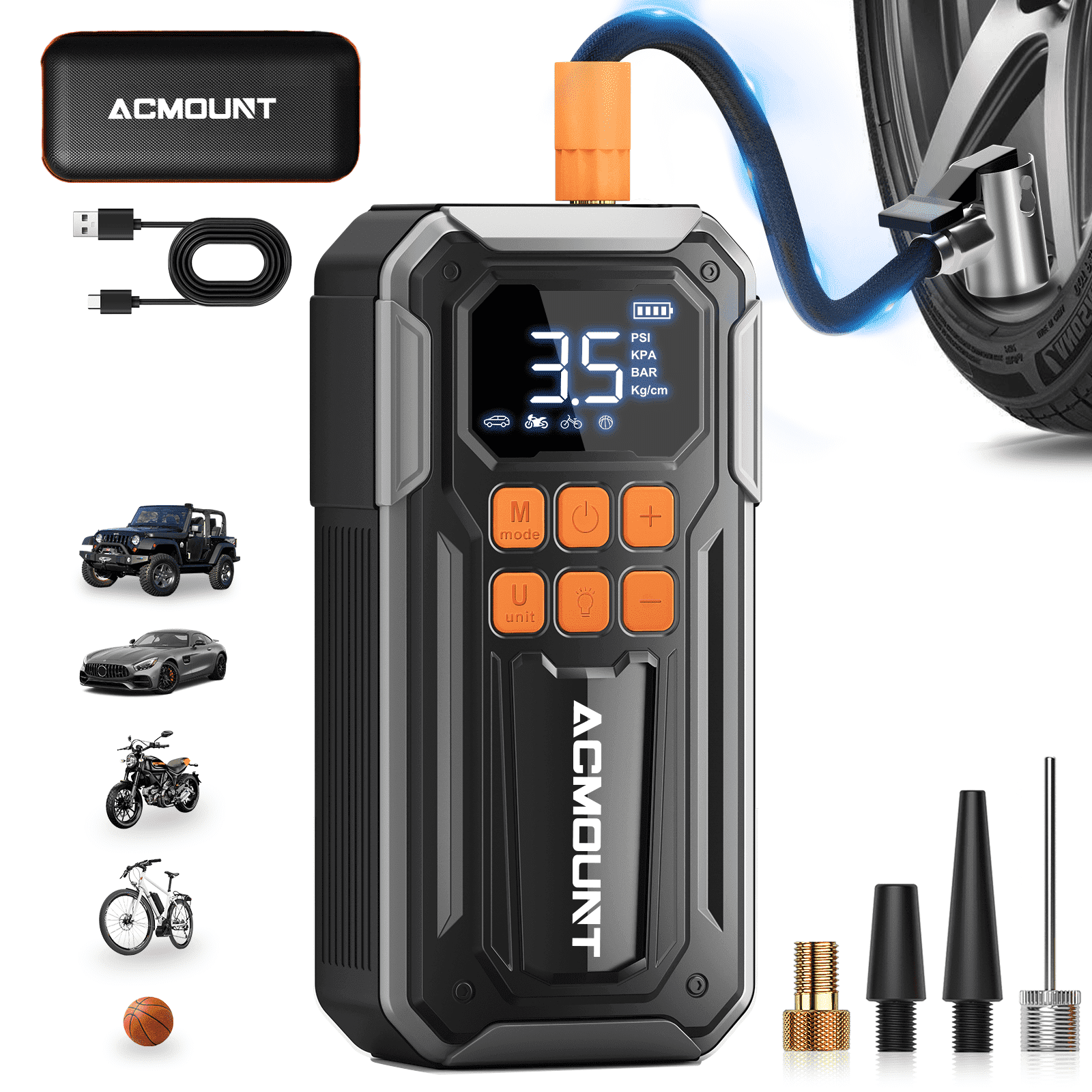 Tire Inflator, Acmount 160PSI Air Pump For Car Tires, 10000mAh Rechargeable Fast Inflation Tire Pump with LED Light and Auto Shut-Off Function for Car, Motorcycle, Bicycle, Balls