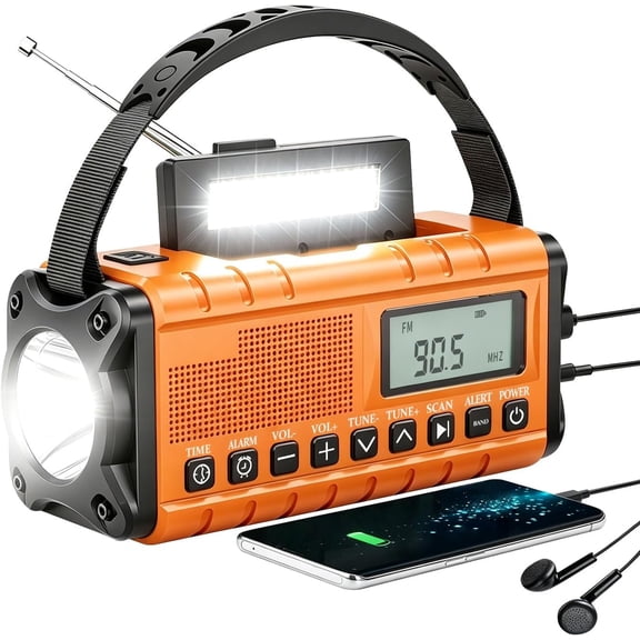 10000mAh/37000mWh Radio-Weather Radio Portable AM FM Auto Scan with Solar Panel/Hand Crank/AC Input Rechargeable with Flashlight Reading Lamp SOS Siren for Indoor/Outdoor
