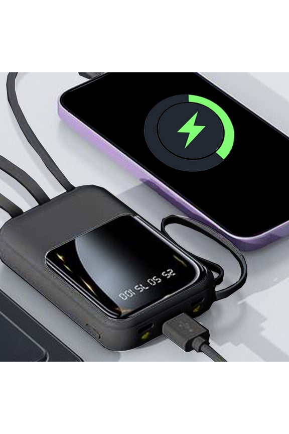 10000mAh Compact Portable Power Bank (Built-In 3 Cables) – Digital Display 4-Device Fast Charger | Lightweight Keychain Mobile Power with LED Emergency Light