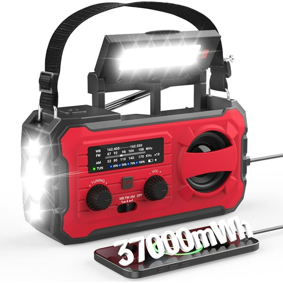 10000mAh Emergency Radio, NOAA Weather Radio with AM/FM, 37000mWh Rechargeable Phone Power, USB/Solar/Hand Crank Charging, LED Flashlight, SOS Alarm, Reading Lamp for Indoor/Outdoor Emergencies