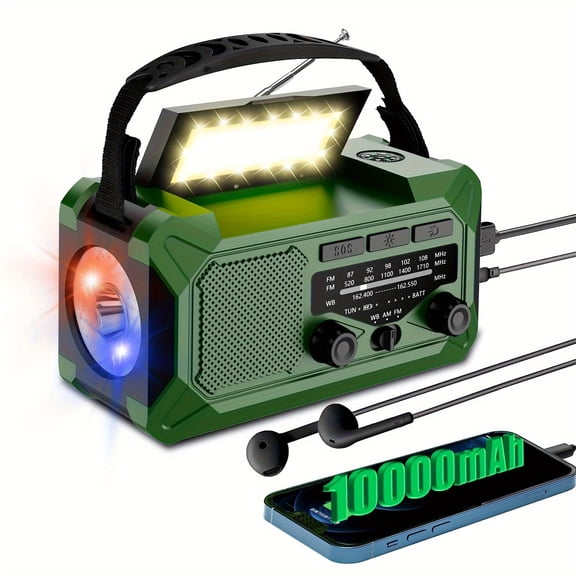 10000mAh Emergency Radio, Solar Radio, Hand Crank Radio, NOAA AM FM Weather Radio, 4 Charging Methods, Polymer Battery, Flashlight & Reading Lamp, SOS Alarm, Phone Charger For Emergency