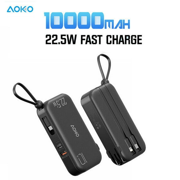10000mAh Fast Charge Power Bank w/ Built in Plug, USB-C/iP/Micro Cables, 2 Ports (Black)