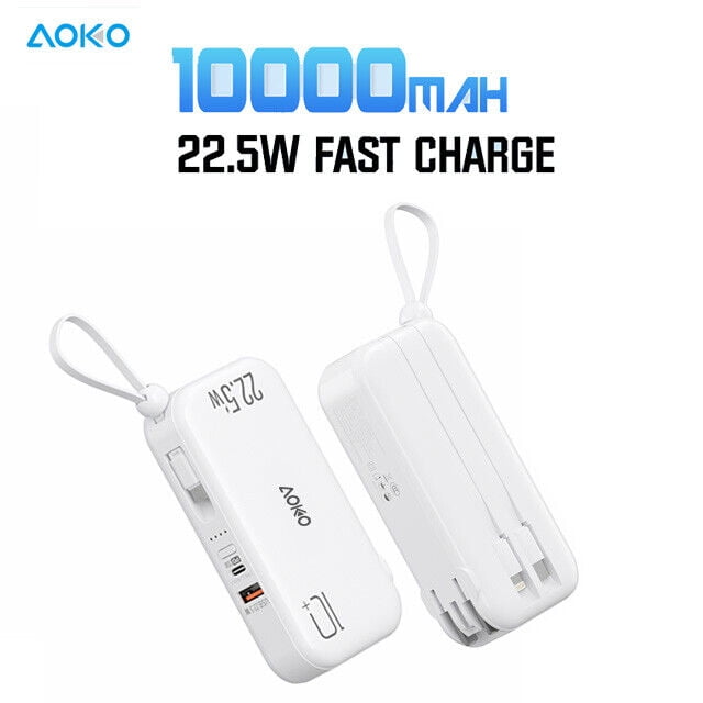 10000mAh Fast Charge Power Bank w/ Built in Plug, USB-C/iP/Micro Cables, 2 Ports (White)
