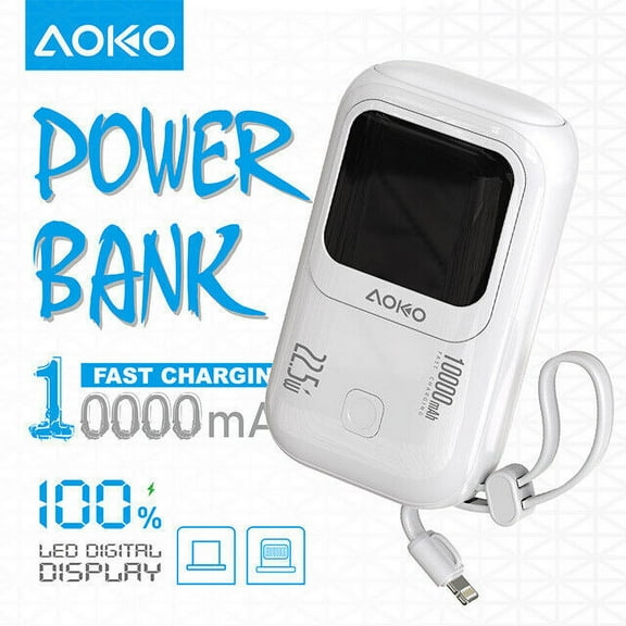 10000mAh Fast Charging Power Bank w/ LED light, USB-C + Lightning Cables, 1 USB-C Port (White)