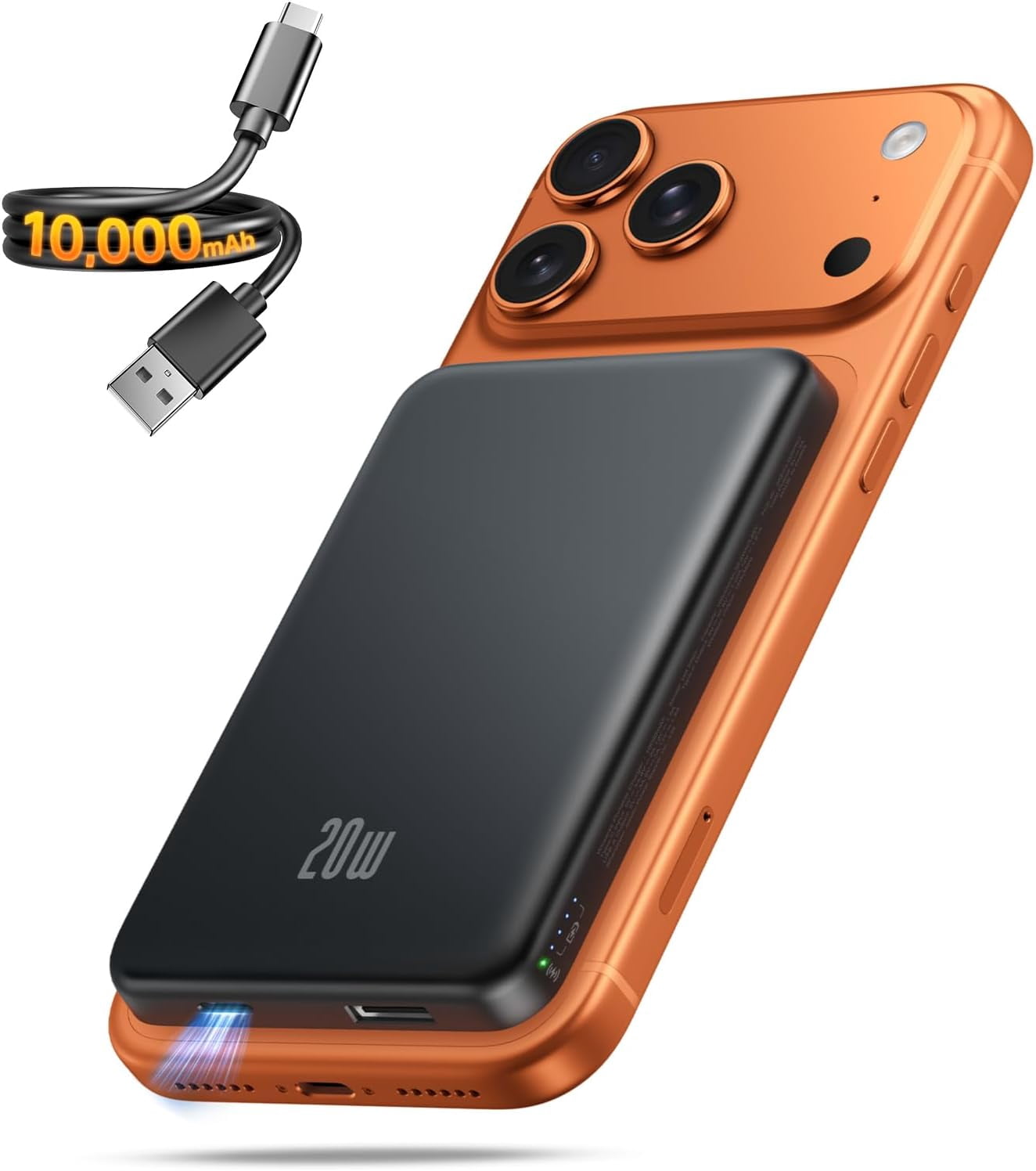 10000mAh Magnetic Power Bank, 22W PD Fast Wireless Charger for iPhone Series, Slim Travel Portable Charger-Obsidian