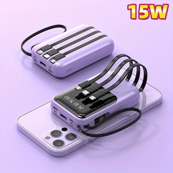 10000mAh Mini Cute 5V2A Fast Charging Multifunctional Power Bank, Large Capacity Rechargeable Portable Mobile Phone Charger, Built-in 4 Cables, Ultra-bright LED Lights, Outdoor Travel Battery Packs