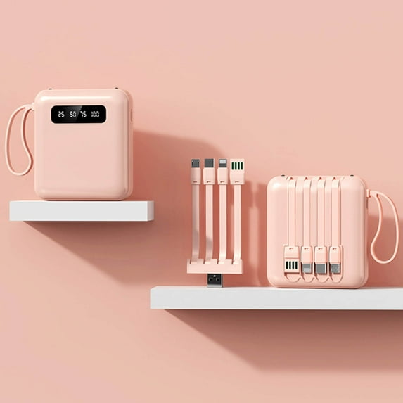 10000mAh Portable Charger with Built-in 4 Cables - USB C Power Bank, Mini External Battery Pack with LED Display, Travel Slim Fast Charging, Smart Protection for Phones Tablets