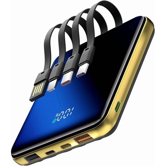 10000mAh Portable Charger, Built-in Cable Power Bank, 22.5W Fast Charging Supply, smart LED Display, Compact External Battery, Suitable for iPhone, Samsung, Tablet Computers
