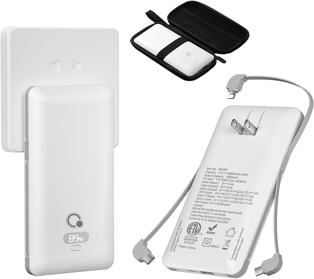 10000mAh Portable Charger with Built-in Cables and AC Wall Plug, USB C Fast Charging Power Bank with 3 Cords,5 Output External Battery Pack Compatible with iPhone,Tablet and All Smart Phones