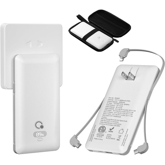 10000mAh Portable Charger with Built-in Cables and AC Wall Plug, USB C Fast Charging Power Bank with 3 Cords,5 Output External Battery Pack Compatible with iPhone,Tablet and All Smart Phones