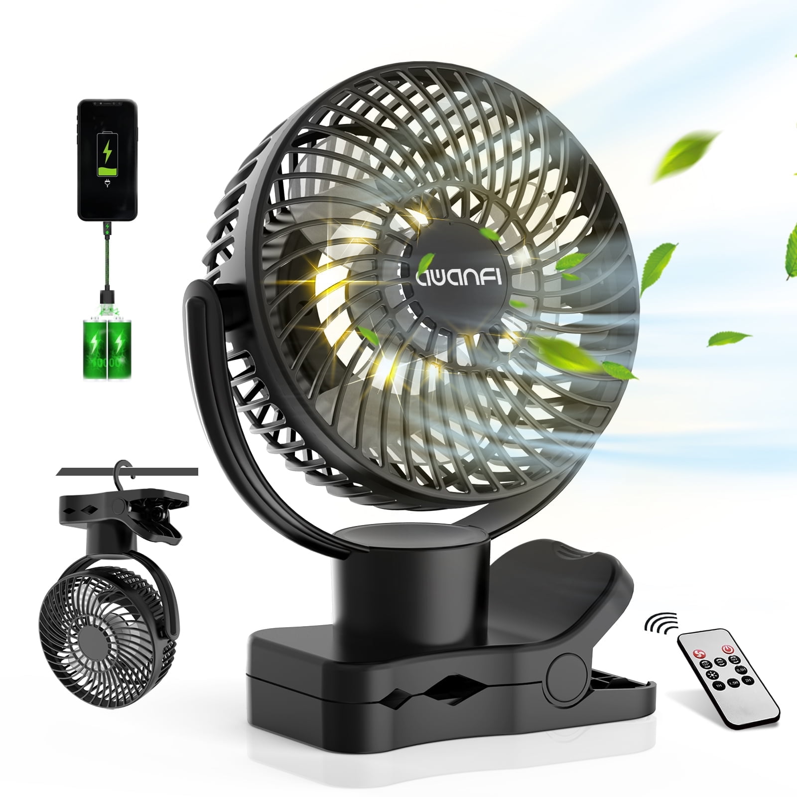 10000mAh Portable Clip on Battery Operated Fan, AWANFI Camping Fan with Remote, LED Light, Hanging Hook for Outside Office Bedroom