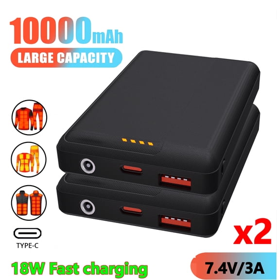 10000mAh Portable Power Bank, 38.5Wh External Battery Pack, USB-C & USB-A PD Fast Charge, 7.4V DC Output for Heated Vest, Jacket, Scarf, Socks, Gloves & Smartphones, 2 Pack