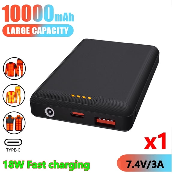 10000mAh Portable Power Bank, 38.5Wh External Battery Pack, USB-C & USB-A PD Fast Charge, 7.4V DC Output for Heated Vest, Jacket, Scarf, Socks, Gloves & Smartphones, 1 Pack
