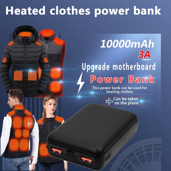 10000mAh Portable Power Bank for Heated Clothing | 5V/2A USB Charging with 3A Max Output | Rechargeable Lithium Battery for Jackets & Vests | Doubles as Phone Power Bank | Compact Portable Design