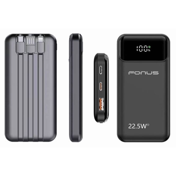 10000mAh Power Bank 22.5W PD Fast Charge for Samsung Galaxy S22 Plus/Ultra - Backup Battery Portable Charger Built-in Cable LED Display 1-Port USB 2-Port USB-C