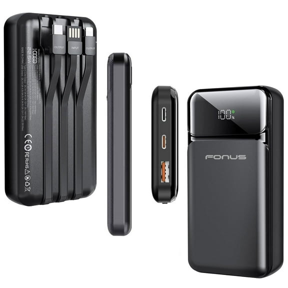 10000mAh Power Bank 22.5W PD Fast Charge for T-Mobile REVVL 7 5G/7 PRO 5G - Backup Battery Portable Charger Built-in Cable LED Display 1-Port USB 2-Port USB-C