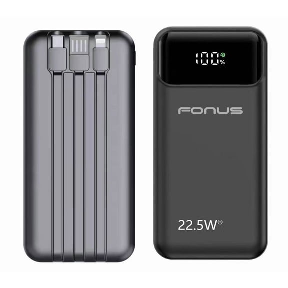 10000mAh Power Bank 22.5W PD Fast Charge for iPhone SE (2020)/SE (2022) - Backup Battery Portable Charger Built-in Cable LED Display 1-Port USB 2-Port USB-C