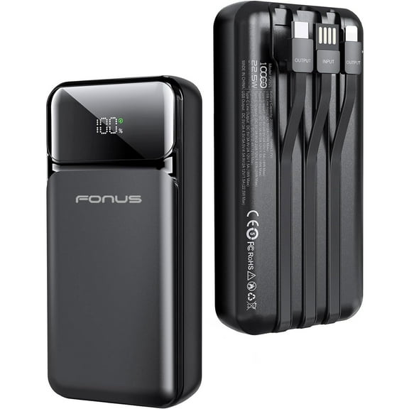 10000mAh Power Bank for Boost Mobile Celero 5G Plus (2024) - 22.5W PD Fast Charge Backup Battery Portable Charger Built-in Cable LED Display 1-Port USB