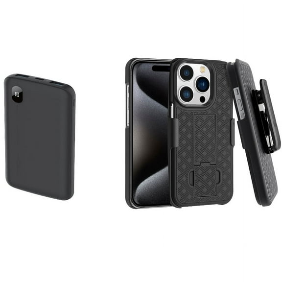 10000mAh Power Bank & Case Belt Clip for iPhone 15 Pro Max - LED Display Backup Battery Portable Charger Slim and Holster Swivel Cover Kickstand O4O for iPhone 15 Pro Max (6.7")