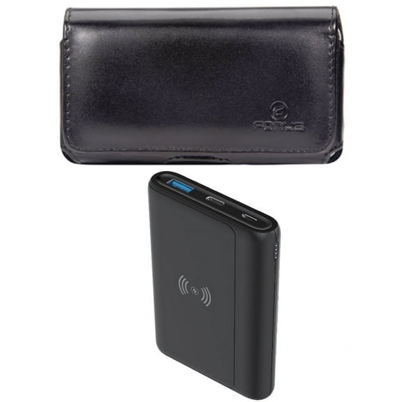 10000mAh Power Bank & Case Belt Clip for iPhone 15 Pro - Wireless Charging Backup Battery Portable Charger Slim and Leather Swivel Holster Loops Q7P for iPhone 15 Pro (6.1")